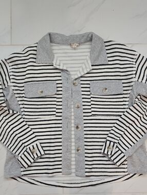 Hem & Thread Black and White Striped Button-Down Knit Top